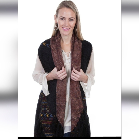 Sleeveless cardigan cascading open front with a‎ colorful design size M 100% acr - Picture 1 of 12